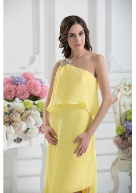 One Shoulder Column Ruching and Beading Prom Dress in Yellow