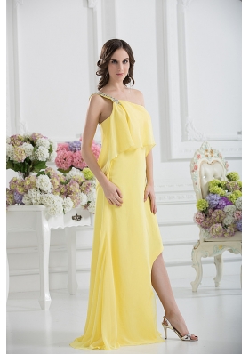 One Shoulder Column Ruching and Beading Prom Dress in Yellow