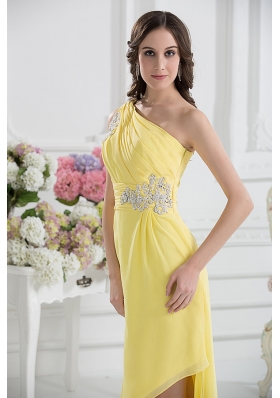 One Shoulder Empire Yellow High-low Prom Dress with Appliques