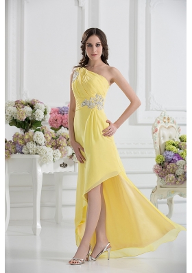 One Shoulder Empire Yellow High-low Prom Dress with Appliques