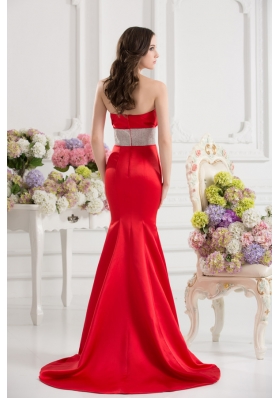 Red Mermaid Strapless Court Train Belt and Ruching Prom Dress