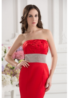 Red Mermaid Strapless Court Train Belt and Ruching Prom Dress