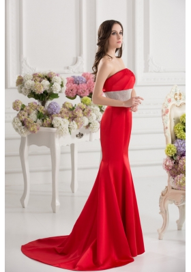 Red Mermaid Strapless Court Train Belt and Ruching Prom Dress