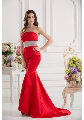 Red Mermaid Strapless Court Train Belt and Ruching Prom Dress