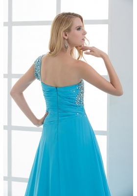 Sky Blue Beading and Ruching Empire One Shoulder Prom Dress with Court Train