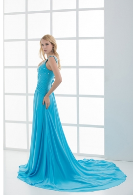 Sky Blue Beading and Ruching Empire One Shoulder Prom Dress with Court Train