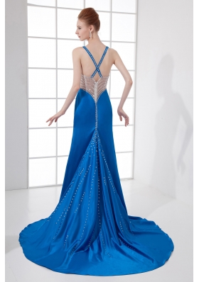 Spaghetti Straps Empire Blue Chiffon Beading Brush Train Prom Dress