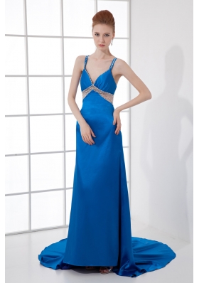 Spaghetti Straps Empire Blue Chiffon Beading Brush Train Prom Dress