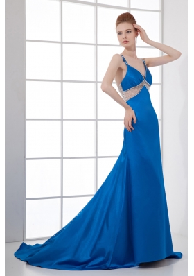 Spaghetti Straps Empire Blue Chiffon Beading Brush Train Prom Dress