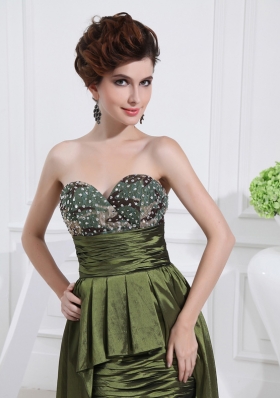 Sweetheart High-low Beading,Ruching Taffeta Olive Green Prom Dress