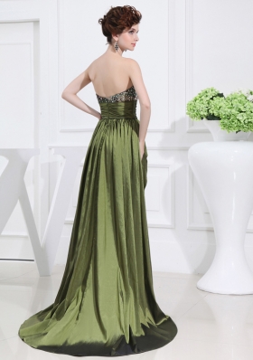 Sweetheart High-low Beading,Ruching Taffeta Olive Green Prom Dress