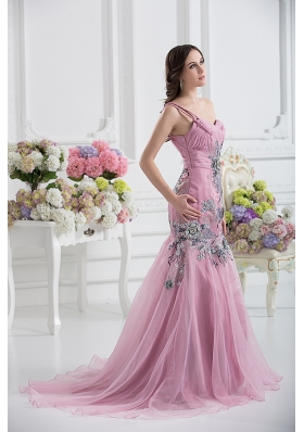 Sweetheart One Shoulder Mermaid Appliques Ruching Pink Prom Dress