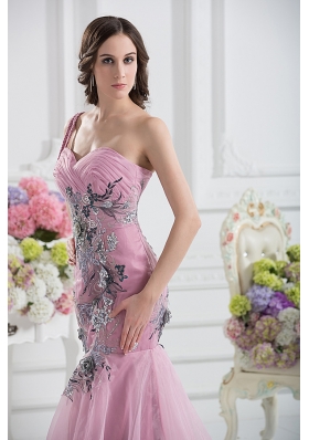 Sweetheart One Shoulder Mermaid Appliques Ruching Pink Prom Dress