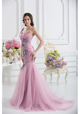 Sweetheart One Shoulder Mermaid Appliques Ruching Pink Prom Dress