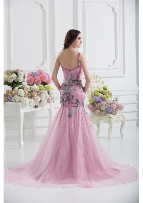 Sweetheart One Shoulder Mermaid Appliques Ruching Pink Prom Dress