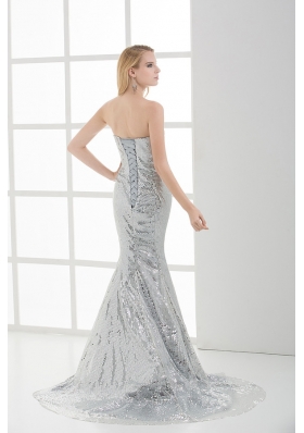 Sweetheart Sleeveless Silver Mermaid Brush Train Prom Dress with Sequins