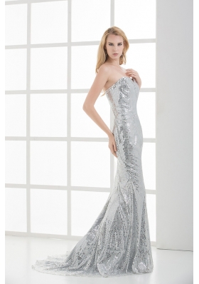 Sweetheart Sleeveless Silver Mermaid Brush Train Prom Dress with Sequins