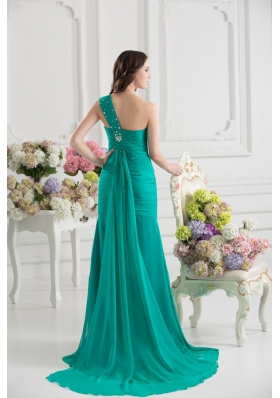 Turquoise One Shoulder Beading and Ruching Prom Dress with Brush Train