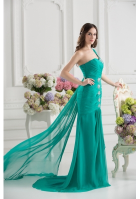 Turquoise One Shoulder Beading and Ruching Prom Dress with Brush Train