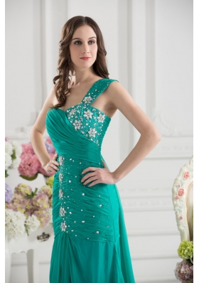 Turquoise One Shoulder Beading and Ruching Prom Dress with Brush Train