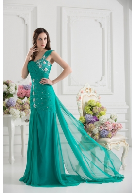 Turquoise One Shoulder Beading and Ruching Prom Dress with Brush Train