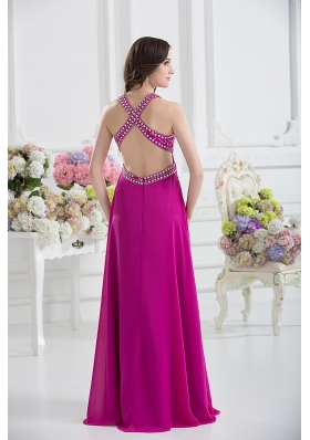 V-neck Empire Floor-length Prom Dress in Fuchsia with Appliques