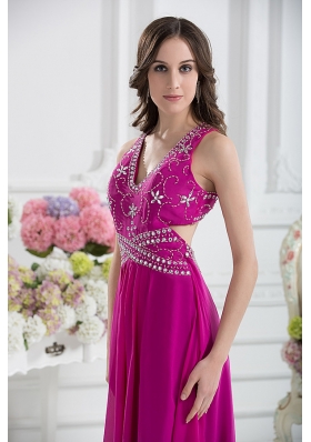 V-neck Empire Floor-length Prom Dress in Fuchsia with Appliques