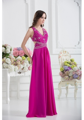 V-neck Empire Floor-length Prom Dress in Fuchsia with Appliques