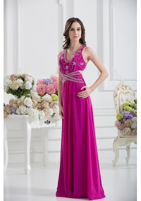 V-neck Empire Floor-length Prom Dress in Fuchsia with Appliques