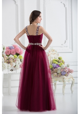 Wine Red Straps Empire Ruching and Beading Prom Dress with Belt