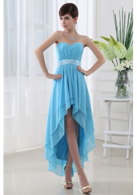 A-line Baby Blue Chiffon High-low Sweatheart Dress Prom with Belt