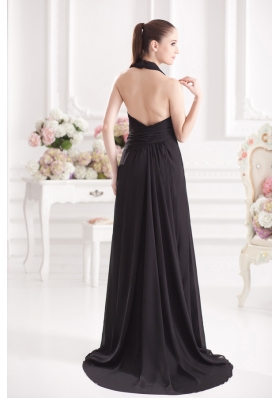 A-line Halter Top Floor-length Chiffon Black High Slit Prom Dress