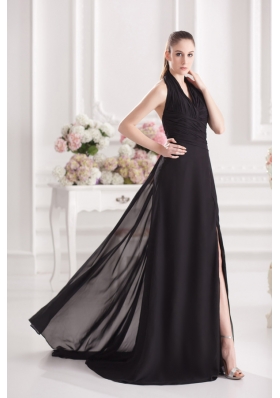 A-line Halter Top Floor-length Chiffon Black High Slit Prom Dress