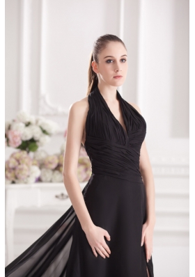 A-line Halter Top Floor-length Chiffon Black High Slit Prom Dress