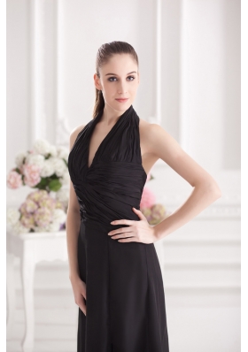 A-line Halter Top Floor-length Chiffon Black High Slit Prom Dress