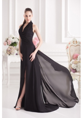 A-line Halter Top Floor-length Chiffon Black High Slit Prom Dress