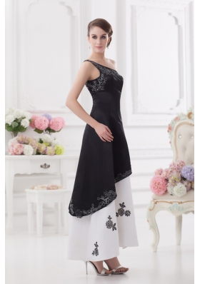 A-line One Shoulder Embroidery Black and White Ankle-length Prom Dress