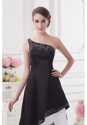 A-line One Shoulder Embroidery Black and White Ankle-length Prom Dress