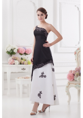 A-line One Shoulder Embroidery Black and White Ankle-length Prom Dress