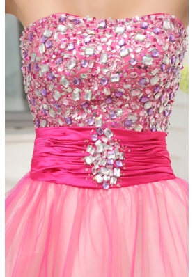 A-line Pink Strapless Beading Tulle Knee-length Prom Dress