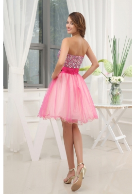 A-line Pink Strapless Beading Tulle Knee-length Prom Dress