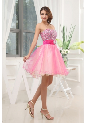 A-line Pink Strapless Beading Tulle Knee-length Prom Dress