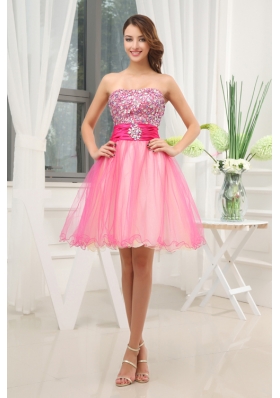 A-line Pink Strapless Beading Tulle Knee-length Prom Dress