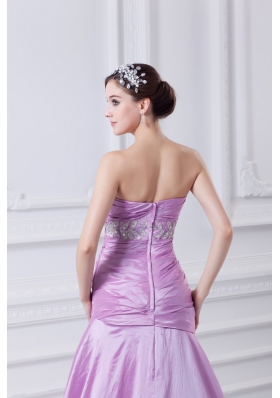 A-line Strapless Lilac Taffeta Appliques with Beading Prom Dress