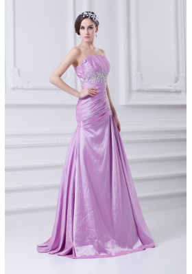 A-line Strapless Lilac Taffeta Appliques with Beading Prom Dress