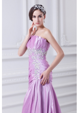 A-line Strapless Lilac Taffeta Appliques with Beading Prom Dress