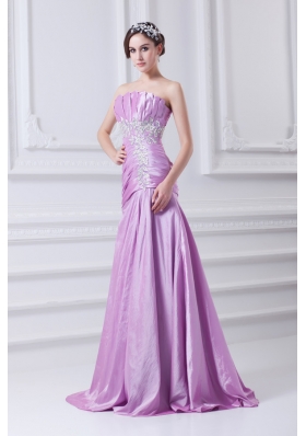 A-line Strapless Lilac Taffeta Appliques with Beading Prom Dress