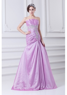 A-line Strapless Lilac Taffeta Appliques with Beading Prom Dress