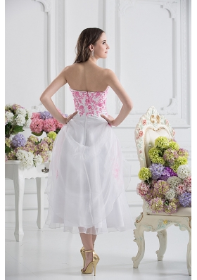 A-line Strapless White Organza Tea-length Prom Dress with Appliques