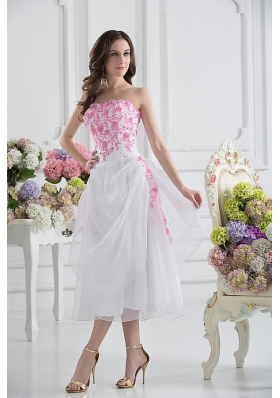 A-line Strapless White Organza Tea-length Prom Dress with Appliques